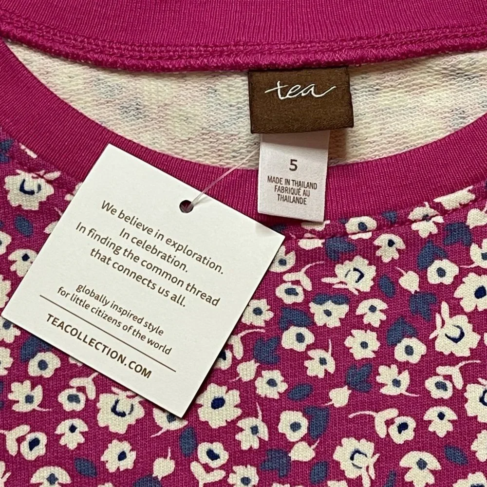 Tea Collection Ditsy Drawstring Dress Girls Size‎ 5 100% Cotton Pink, Floral NEW